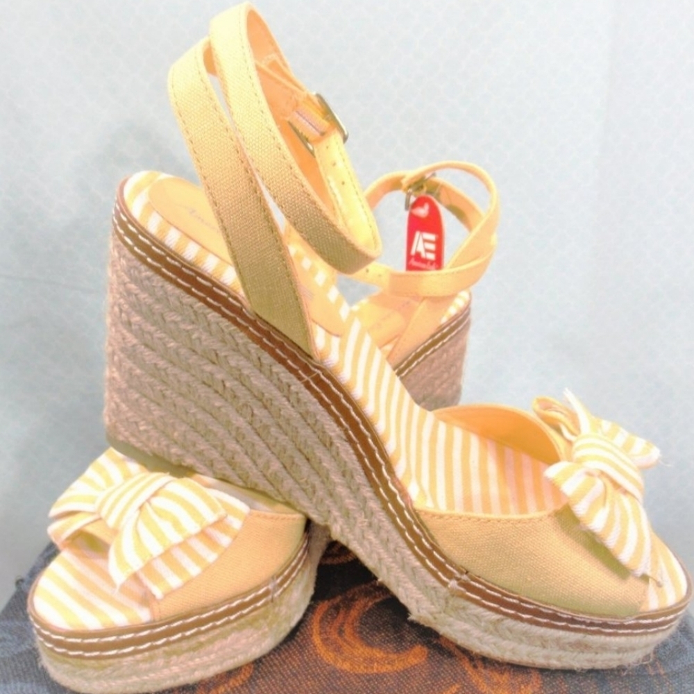American Eagle Outfitters Yellow White Stripe Espadrille Wedge